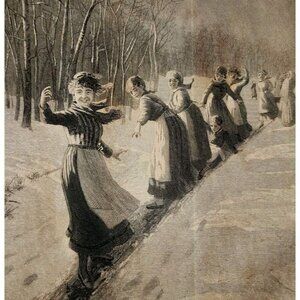 1881 Engraving Victorian Women On Winter Mountain Slide Hans Dahl Art DWQQ18